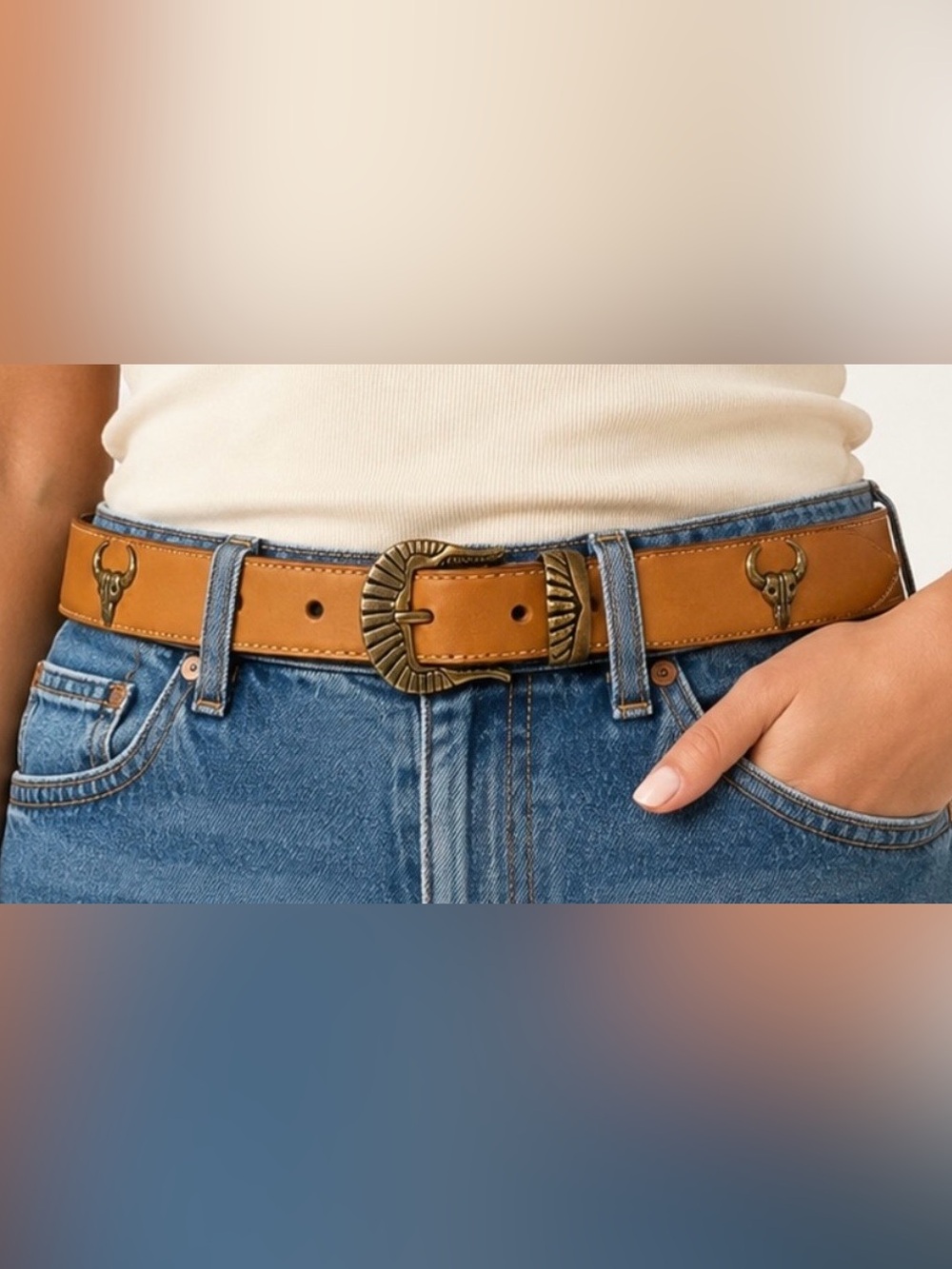 Nocona Leather Western Belt Women’s 32 Longhorn Skull Conchos Tan Cowboy Rodeo